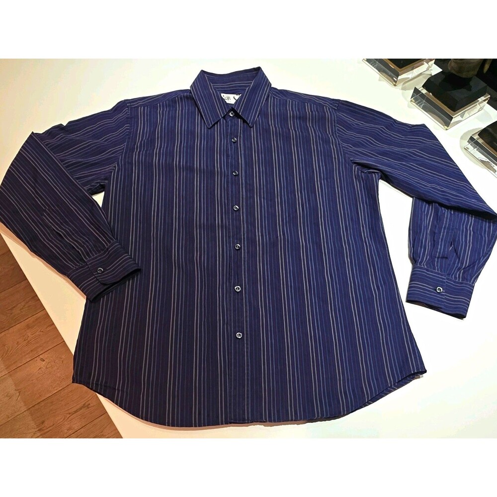 Barneys New York Men's 16 34/35 Blue Striped Classic Fit Cotton Dress Shirt